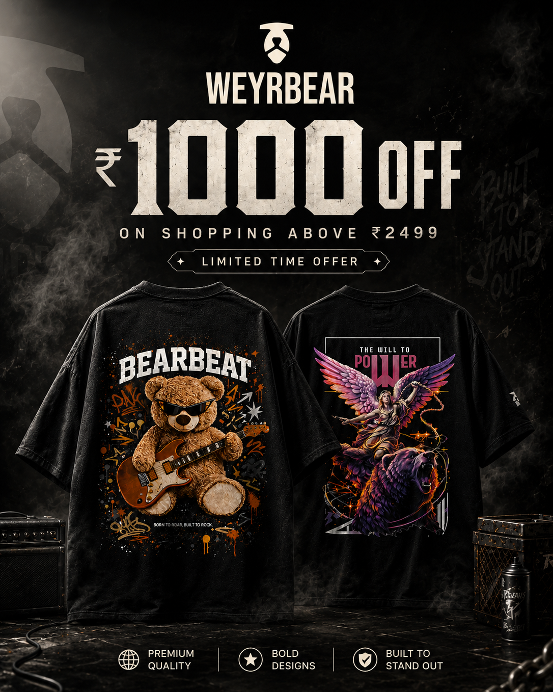 Promotional graphic for WeyrBear with two t-shirts and a discount offer on a dark background.